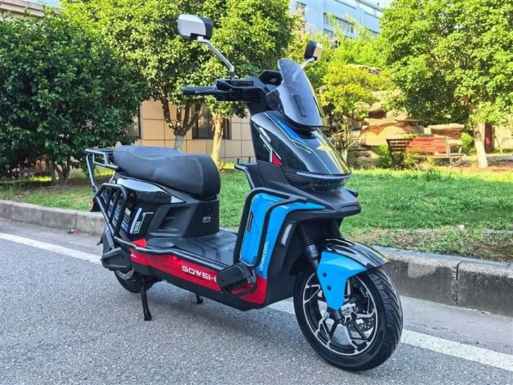 Blue and black GOWEI QS858 electric motorcycle viewed from the front side
