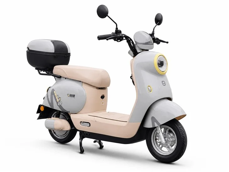 Gray and cream GOWEI YUEDOU II retro electric scooter with top box